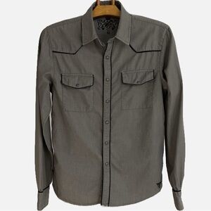 Guess Men’s Button Down Western Shirt‎ Pearl Snap Size Medium Gray Black Trim